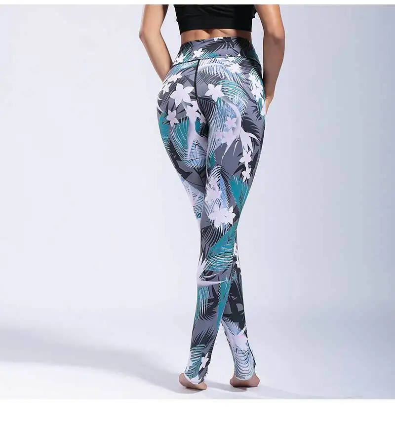 Women's Yoga Pants Side Pocket Ankle Length Pants Stretch Fitness Gym Tights Pants Flower Printed10