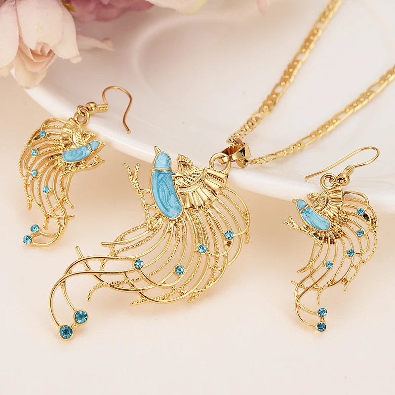 

handmade crystal bird Pendan Necklaces Earrings Gold Color PNG Jewellery Set Papua New Guinea Wedding party women girls gifts