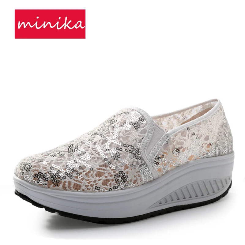 Summer Mesh Breathable Women Toning Shoes Sequin Shining Swing Shoes Thick Soles Height Increasing Women Platform Sneakers