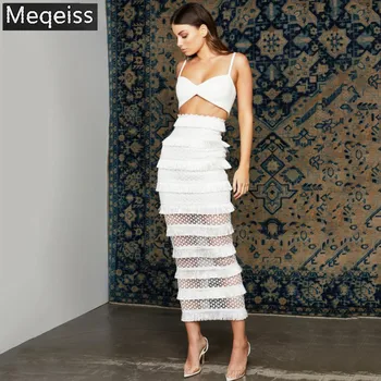 

2019 New Summer Women Bodycon Bandage Sets Vestidos 2 Two Pieces Set Spaghetti Strap Top Tassels Celebrity Evening Party Dress