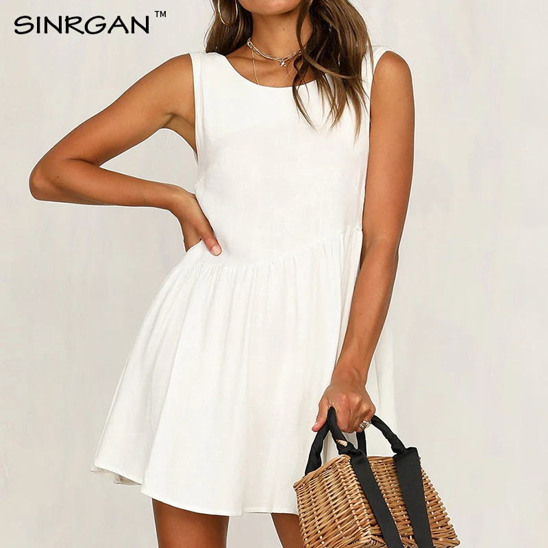 

SINRGAN Solid White Wild Summer Dress O neck Office Ladies Boho Mini Dress Vintage Loose Cotton