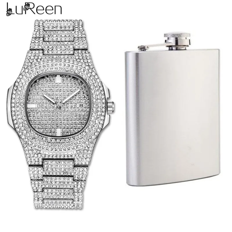 

Lureen Cubic Zirconia Gold Quartz Watch Men Portable Stainless Steel Hip Flask Flagon Wine Pot Bottle Male Jewelry Set W0024
