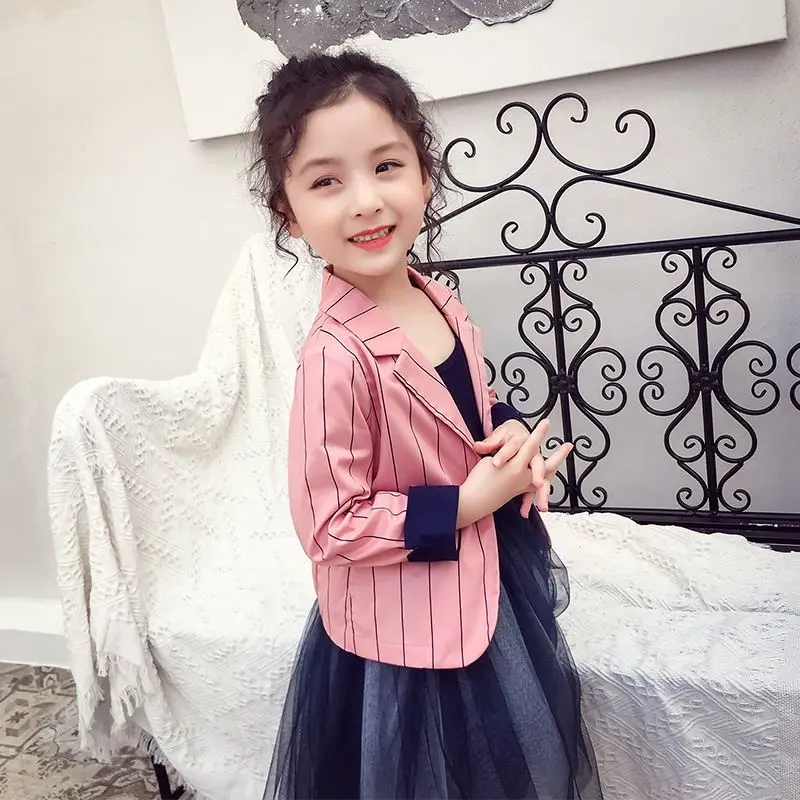 

Girls' Blazers Western Princess Coats Children's Spring 2019 New Child Wear Korean Kids Little Girls' Jacket Pink Striped Baby