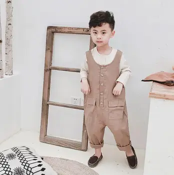 

2019 New Wholesale Fashion Girls Boys Overalls Spring Cotton Linen Kids Pants 2-7t PF42