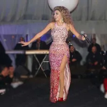 Платье годе с лямкой на шее с высоким разрезом длиной до пола с крупным бисером Мириам Фарес платье знаменитостей платья для продажи