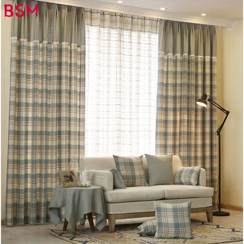 

American Plaid Blue Brown Semi Shade Cloth Curtains Sheer Tulle Curtains Cotton Polyester Fabric For Living Room AWB0350