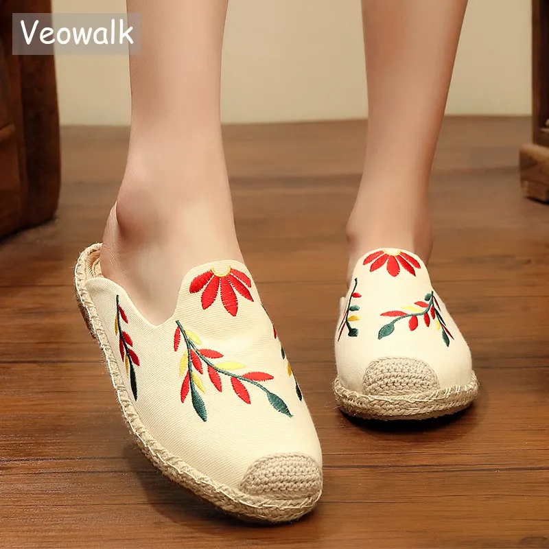 Veowalk Summer Women Handmade Linen Cotton Embroidered Flat Slippers Ladies Comfort Canvas Embroidered Mules espadrilles Shoes Veowalk Summer Women Handmade Linen Cotton Embroidered Flat Slippers Ladies Comfort Canvas Embroidered Mules espadrilles Shoes