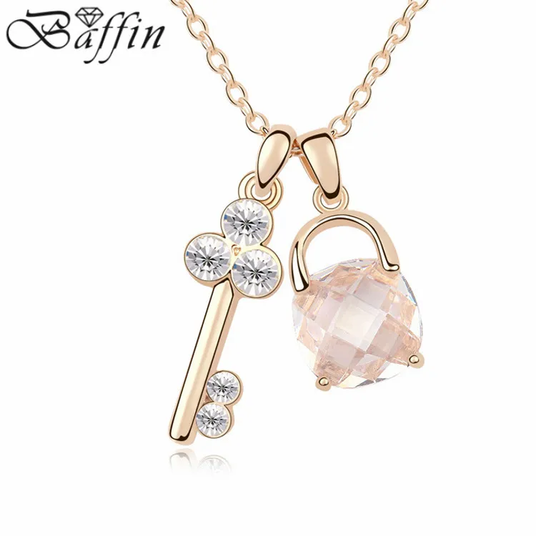 

Romantic Elegant AAA Cubic Zircon Key Lock Pendants Necklaces Channel Gold chain Choker Bijoux for Lover's