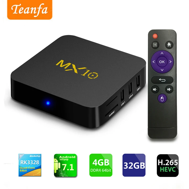 

Streaming Media Player, MX10 Android 7.1 TV Box 4GB + 64GB, Smart 4K TV Box Support 2.4G Wifi 64bit Quad-Core 3D HDR Video Play