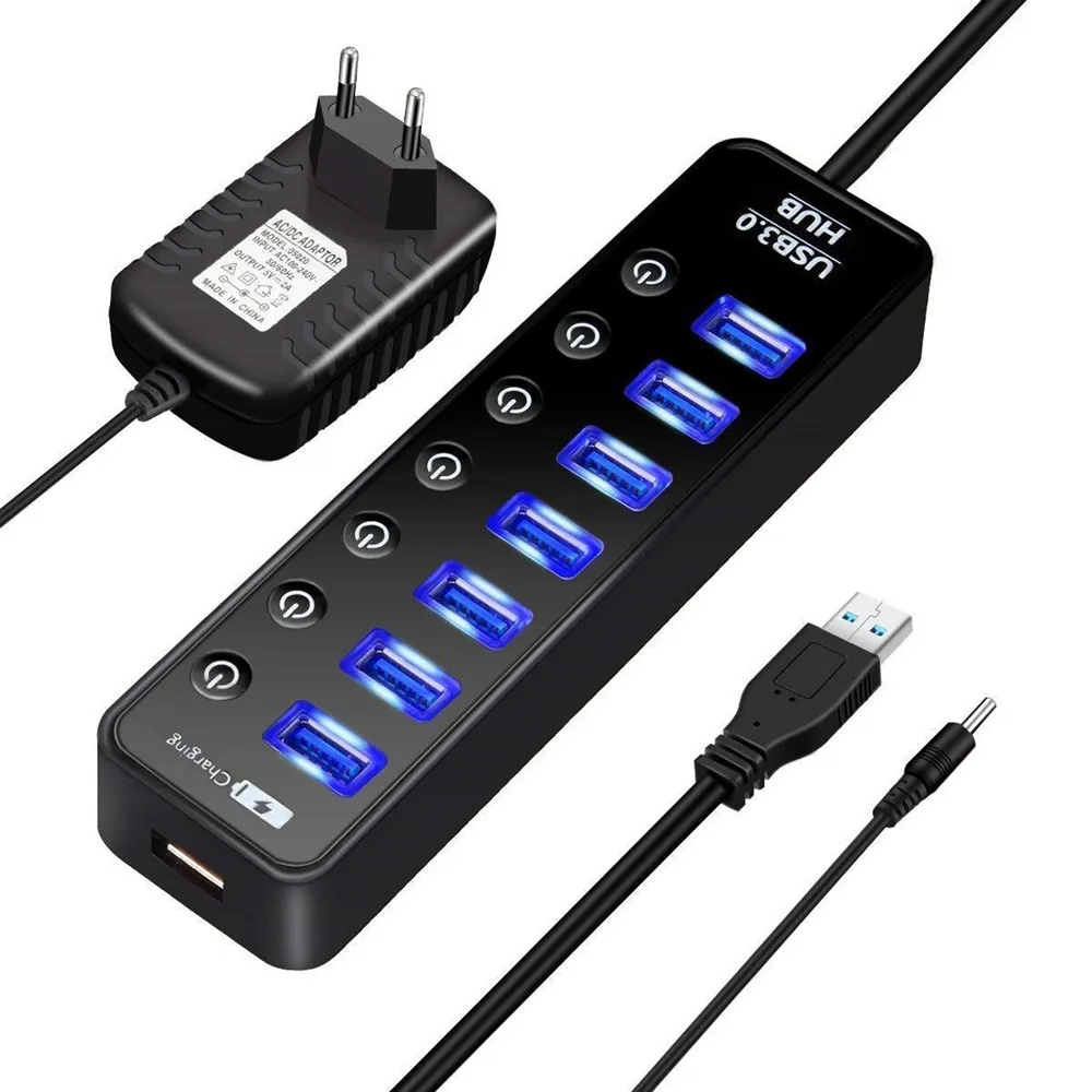 

7 Ports USB 3.0 Data Hub Splitter With 1 Smart Charging Port And Individual On/Off Switches 5V/3A Adapter For Laptop Desktop PC