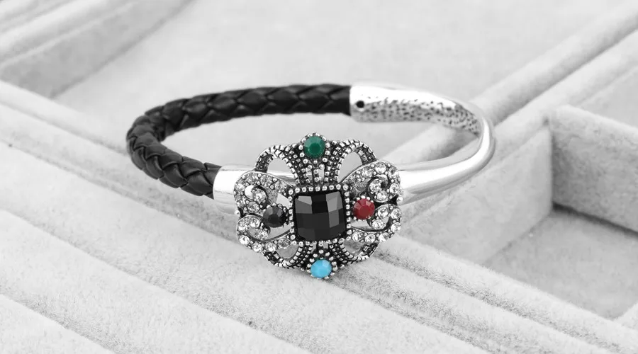 Новый стиль Винтаж jewelry уникальный браслет для Для женщин Цвет Серебряный ручной кожаный веревки браслет Рождественский подарок