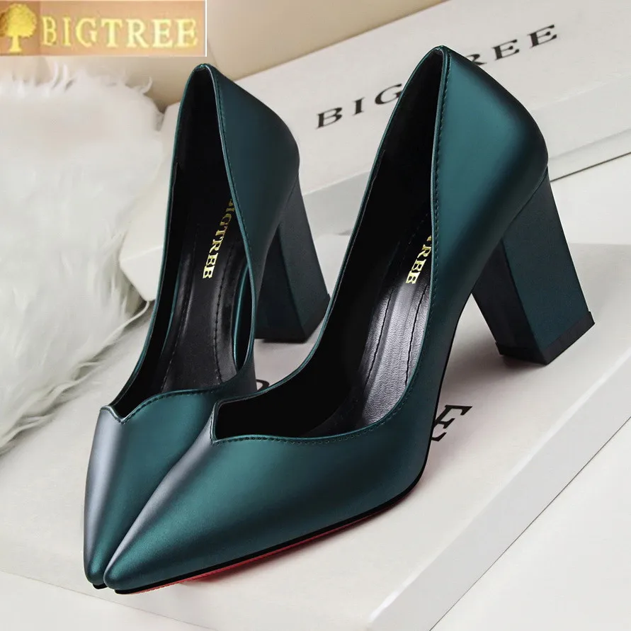 women pumps comfortable thick with high heel 8CM leather temperament shallow mouth pointed hollow out single woman shoes