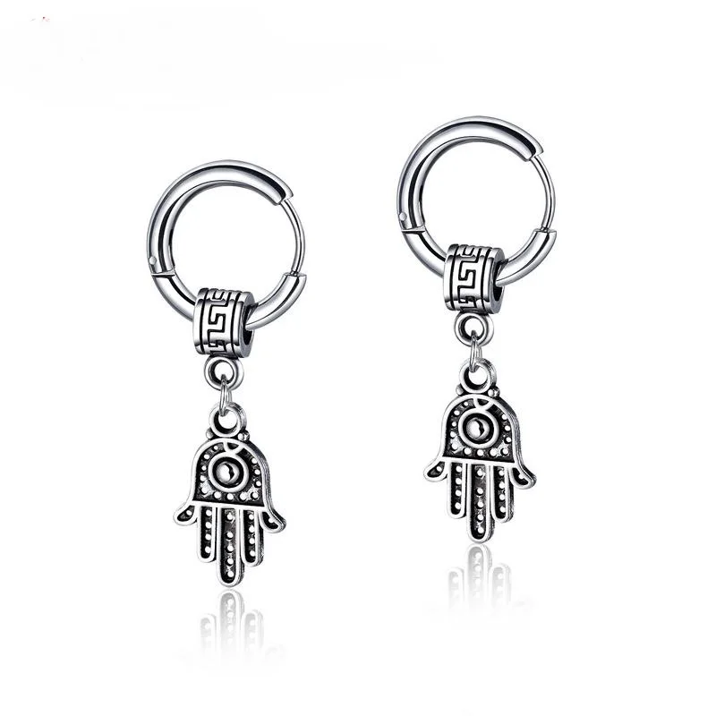 

Gethic Fatima Hand Pendant Punk Round Piercing Stainless Steel Earring For Men Piercing Religious Belief Stud Earrings Women