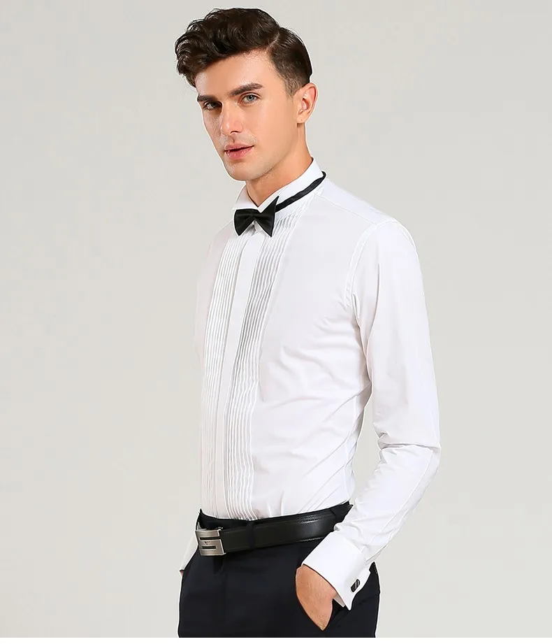 Французская запонка, однотонные мужские официальные сорочки с воротником-крылышком, мужские смокинговые рубашки, свадебные рубашки для жениха, мужской сценический костюм