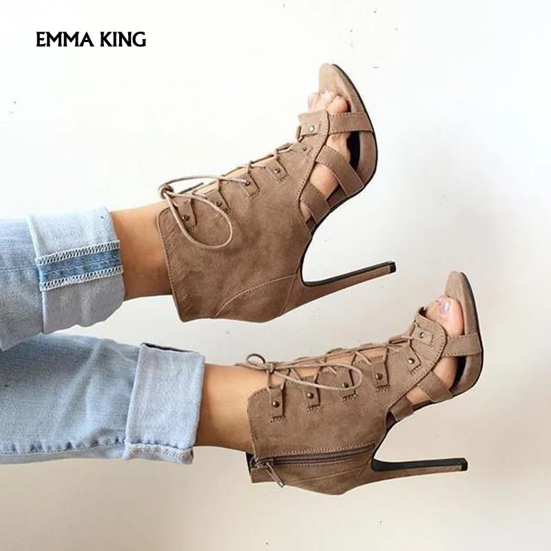 

Sexy Side Zipper Lace UP Stiletto High Heels Ankle Boots Brown Sandals Women Straps Cross Party Dress Shoes Woman Free Shipping