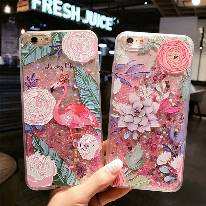 XR Fancy Floral Flamingo Lotus Liquid Dynamic Quicksand Back Cover Case For iPhoneXS MAX 8/6s 7plus Shell Protection |