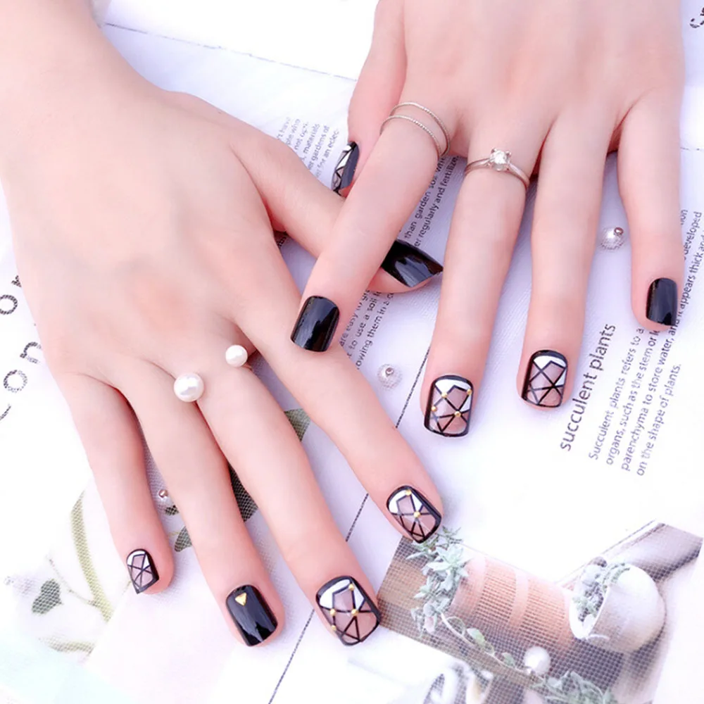 24 шт./компл. короткие клетчатые накладные ногти с конструкциями Ложные Nail Книги по искусству с клеем поддельные ногтей маникюр цветок