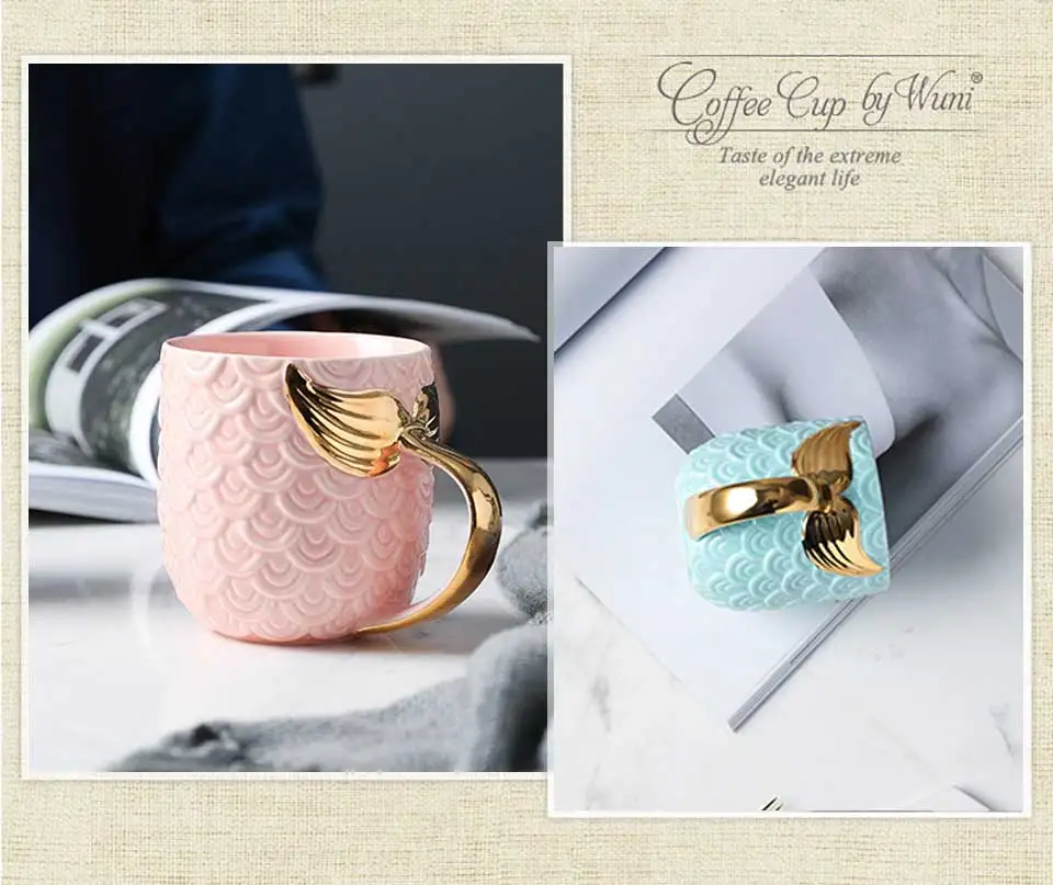 400ML Coffee Mug Travel Tea Cups And Mugs Ceramic Porcelain Creative Morning Mug Set Gold Mermaid Golden Handle Milk Mug For Kid (4)