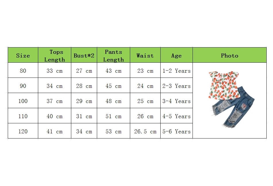 Комплект одежды для девочек, летняя рубашка с изображением ананаса и джинсы с дырками комплект одежды из 2 предметов для маленьких детей, милые комплекты, стиль
