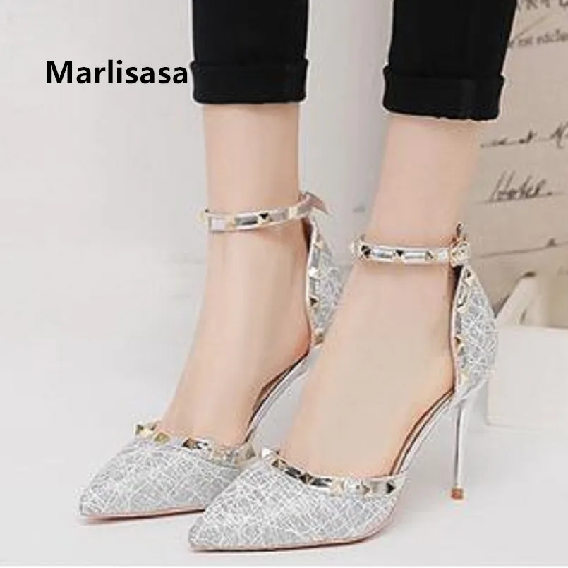 

Marlisasa Women Sexy Party Night Club Silver High Heel Shoes Bridal Comfortable Rivet High Heel Shoes Mujer Tacones Altos F5367