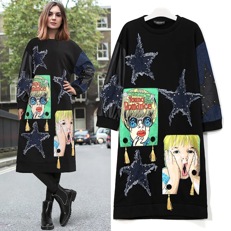 2018 Women Winter Stylish Black Midi Casual Dress Long Sleeve Denim Stars Style Plus Size Cute Wear Midi Dress Party Dress 3102