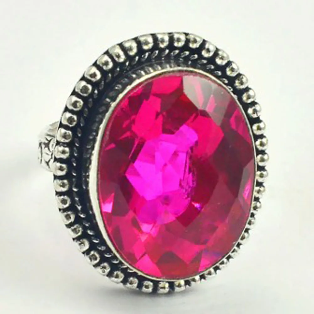 

Pink Rainbow Topas Ring Silver Overlay over Copper, USA Size 8.5 , R3437