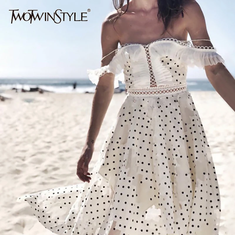 

TWOTWINSTYLE Polka Dot Women Suit Strap Off Shoulder Hollow Out Short Sexy Tops High Waist Irregular Midi Skirt Two Piece Set
