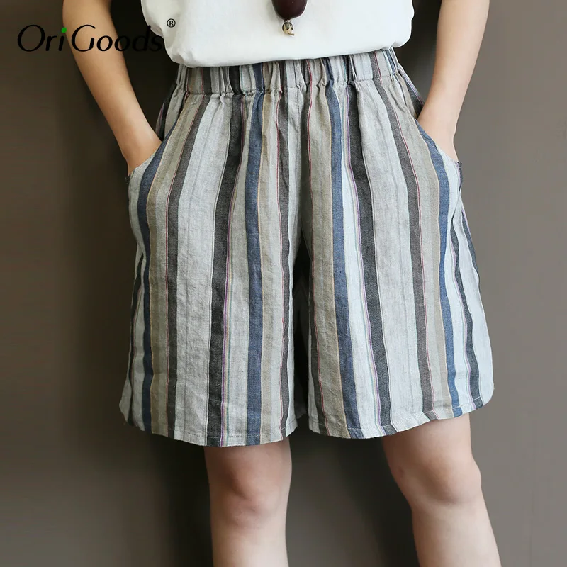 

OriGoods Striped Shorts Women 100% Linen 2019 Summer Shorts Elastic waist Loose Casual Stripe Shorts Cute Short Femme A362