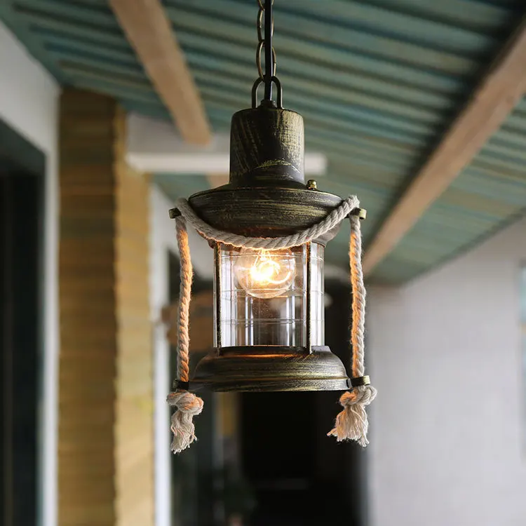 Rustic Pendant Lamp Round Wood Design Gear Retro Hemp Rope Hanging light29