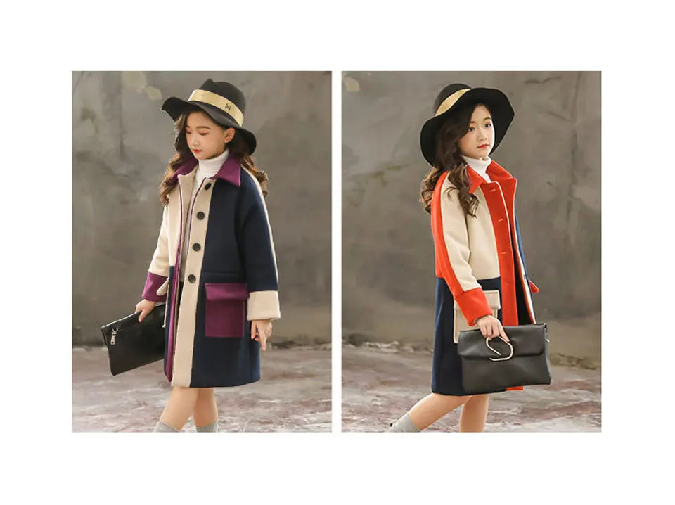 2018 высокое качество Пальто для девочек модный пэчворк куртка пальто для девочки осень-зима Верхняя Одежда для девочек 4-14 лет