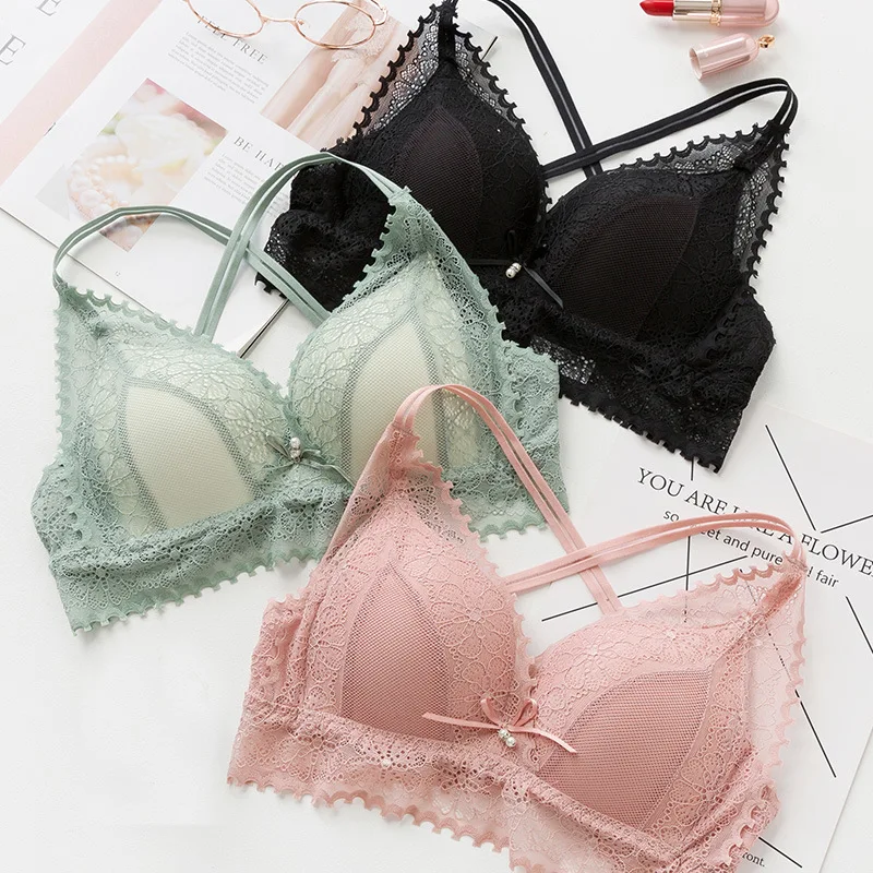 

Wasteheart Sexy Women Fashion Pink Green Wireless Lace Bow Bras Cross Back Bralette Cup A B Underwear Seamless Female Bras