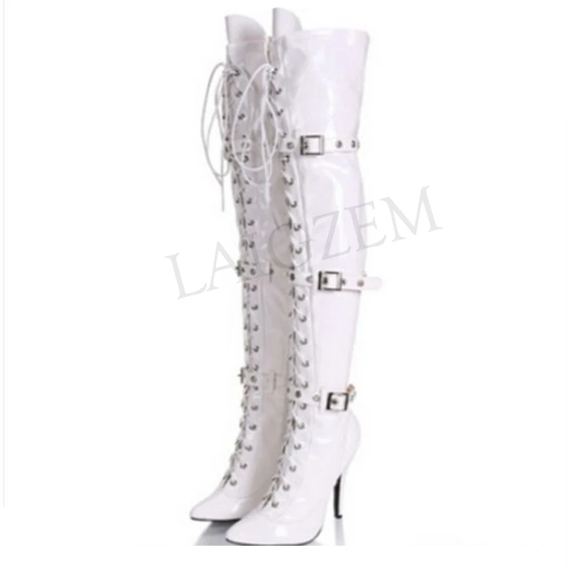 LAIGZEM Women Thigh High Wide Calf Boots Adjustable Buckles Straps & Stiletto Heels Boots Shoes Botines Mujer Big Size 34-47