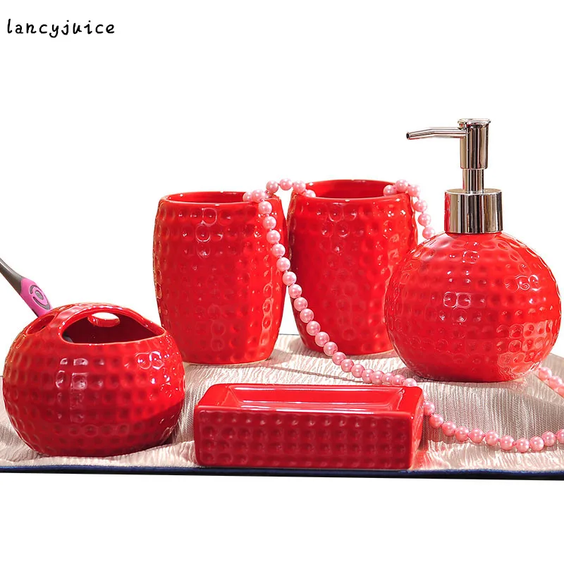 Happy red ceramic Porcelain bathroom sets shape five piece bath set