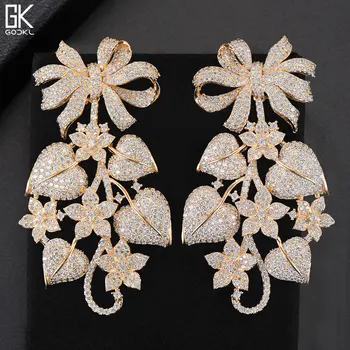

GODKI Luxury Pumpkin Leaf Flower Bowknot Nigerian Long Dangle Earrings For Women Wedding Zirconia CZ Dubai Gold Bridal Earrings