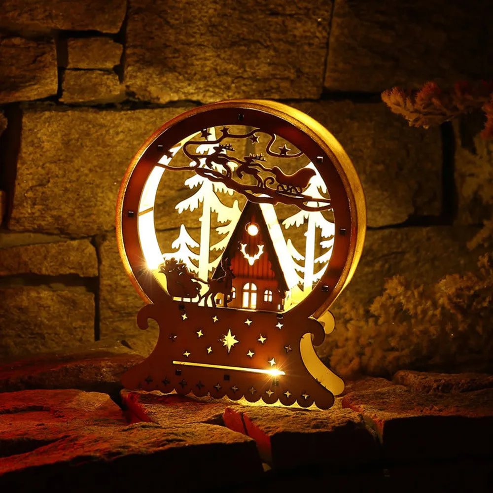 

Christmas Ornament LED Wooden House Lights Decor Xmas Desktop Deer Cart Luminous Mall Window Decoration LED House Lamps