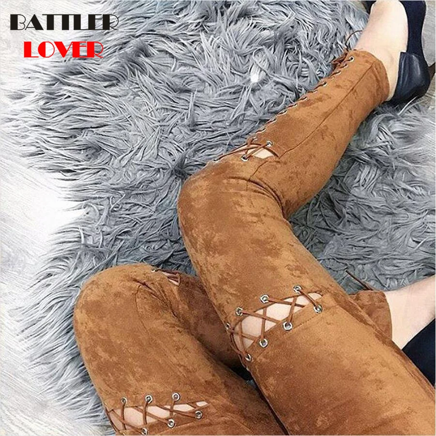 Women Elastic Leggings High Waist Deer Velvet Legging Pants Lace Up Trousers Woman Summer Slim Stretch Thick Lift Hips Trousers
