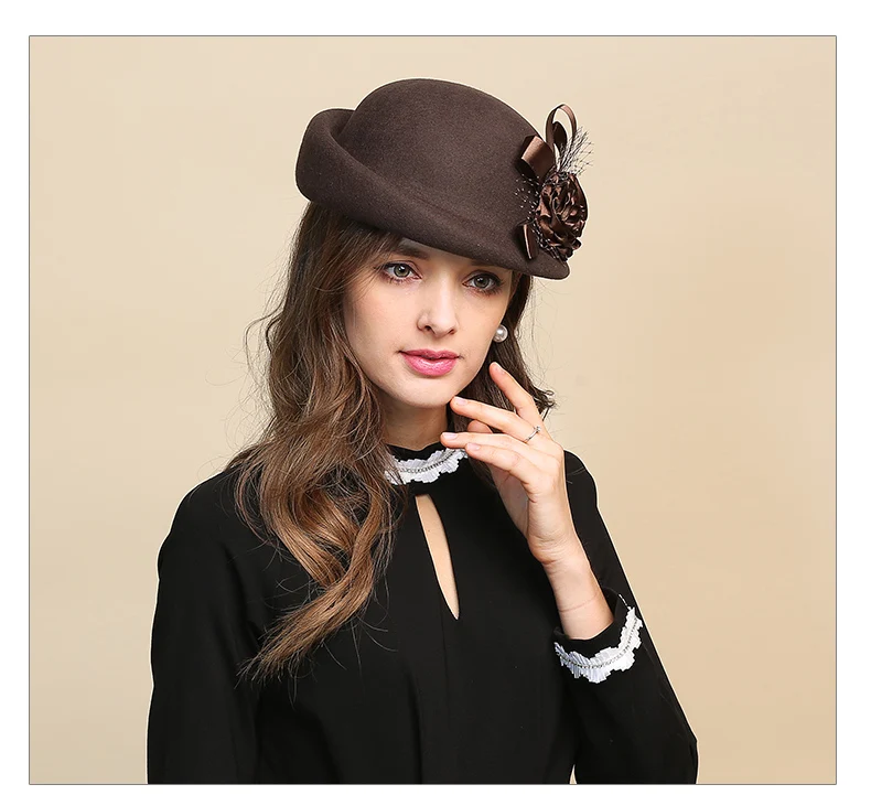 Lady Fedoras Wool Hat Girls Flowers Dome Woolen Cap  Female Basin Cap Fisherman Cute Casual Woolen Hat Adjustable B-8728