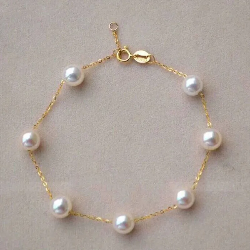 Sinya Au750 18K Gold chain Bracelet Anklet with 7pcs natural pearls for women girls Mom length 16-20cm optional