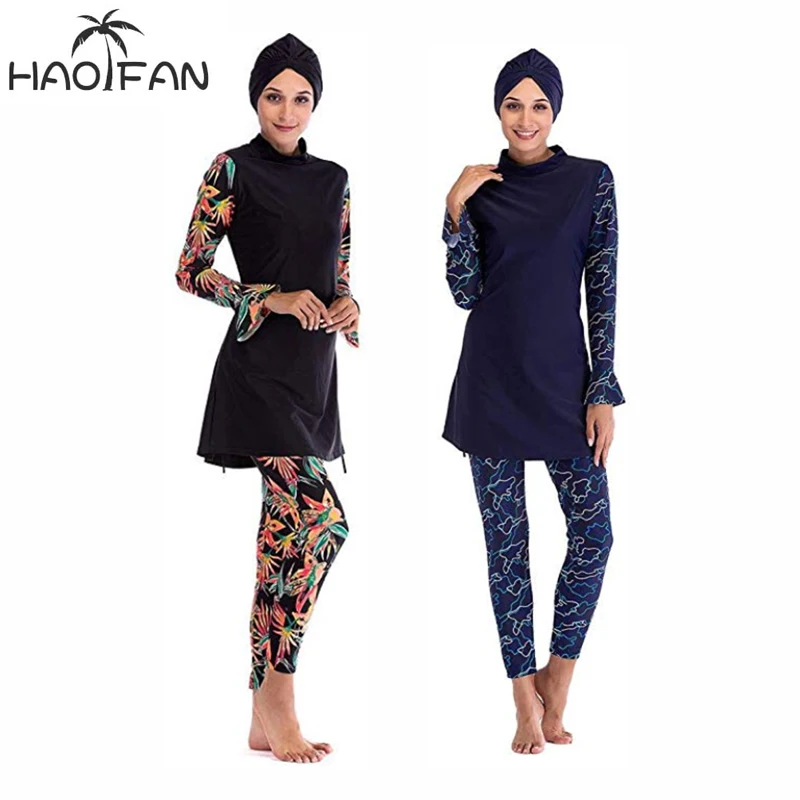 

HAOFAN Muslim Swimwear Women Modest Patchwork Hijab Long Sleeves Sport Swimsuit Islamic muslimah Burkinis Wear Bathing Suit 4XL