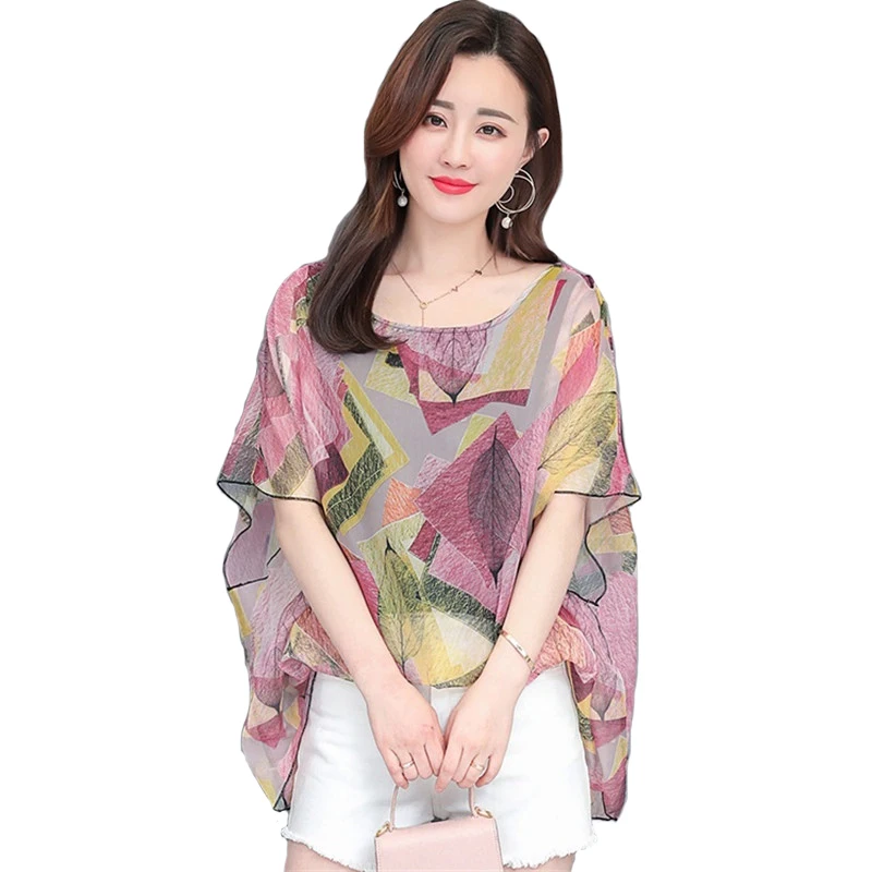 

Bat sleeve Chiffon Blouses Women 2019 Summer Short sleeve Printed Shirt Tops Female Plus size Loose Elegant Blouses Tops A2578