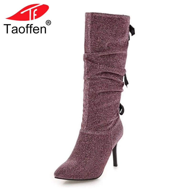 

TAOFFEN Sexy Women High Heel Boots Shine Zipper Bowknot Mid Calf Boots Thick Fur Warm Shoes Women Winter Footwear Size 34-43