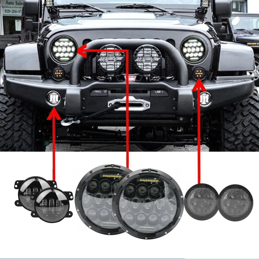 For Jeep Wrangler JK 7 Inch 75W LED Headlights High Low Beam Angel Eye DRL Headlamp Bracket Ring With 4 Fog Passing Light  (22)