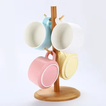 

4Pcs Coffee Cups set with Wood Frame Japan Style Ceramic Mugs water bottle office Breakfast Milk Tea Cup Drinkware set
