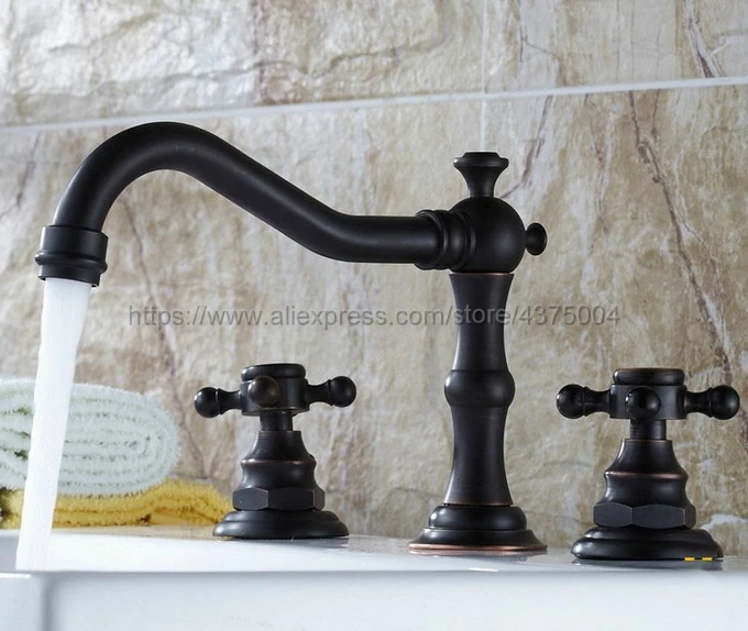 

Oil Rubbed Bronze Widespread Bathroom Basin Faucet Dual Handle 3 Holes Basin Mixer Sink Taps Deck Mounted Nnf043