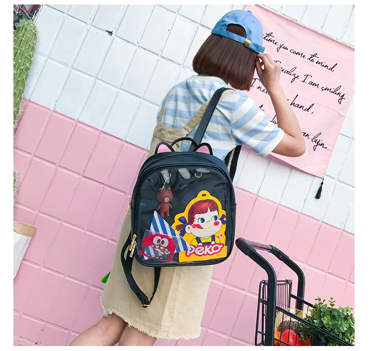 Женская сумка карамельного цвета с кошкой, корейский прозрачный рюкзак, школьные сумки для девочек-подростков, рюкзаки из искусственной кожи