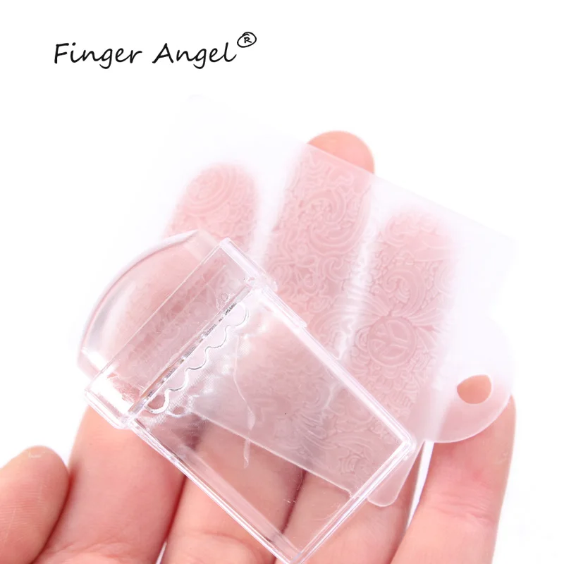 

Finger Angel 1Pcs Clear Jelly Silicone Stamper +1Pcs Printing Plastic Scraper Stamper Polish Template Stamp Set Manicure Tools