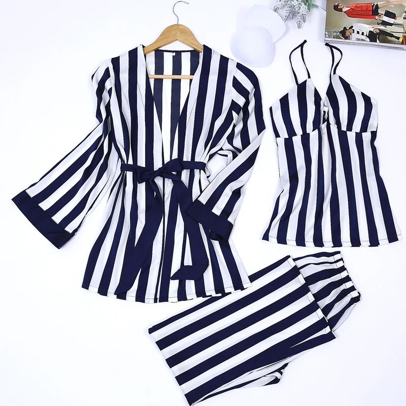 New Style Women Pajama Sets 3 pieces Stripes Camisole with Full Length Pants Long Sleep Shirt Pyjamas Femme Sleepwear sp0091
