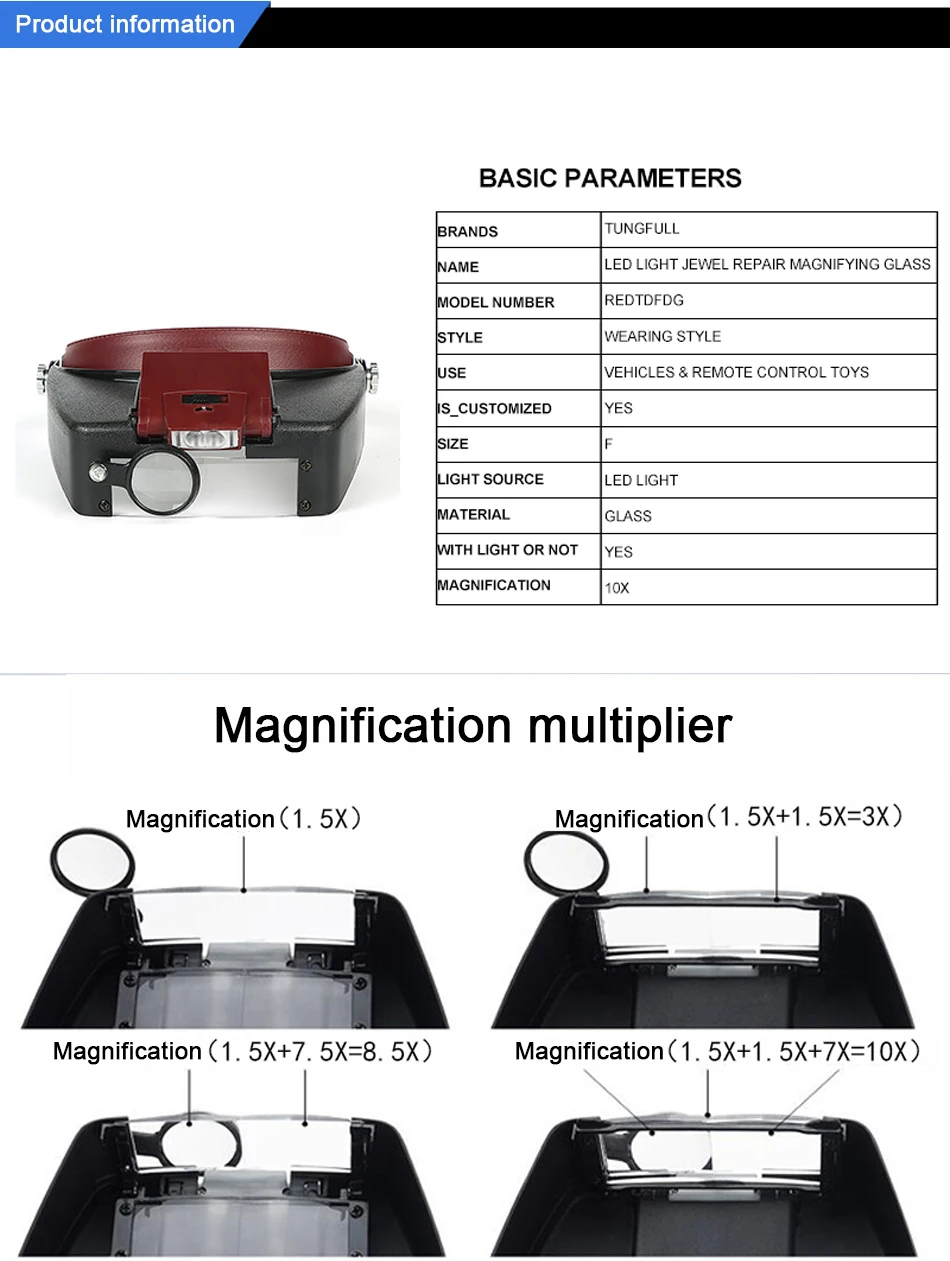 Tungfull головная повязка Лупа со светодиодной подсветкой головная лампа увеличительное стекло Ювелирная Лупа со светодиодным светильник s 1,5x3 X 8.5x 10x