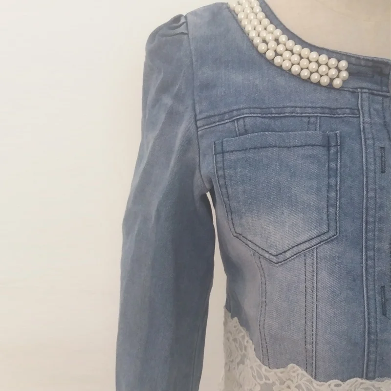 N.XINZHE Elegant floral lace denim jacket coat women Casual short basic jacket Beading Patchwork Slim jean jackets Plus size 3XL