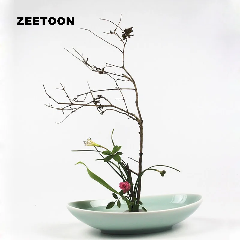 

Japanese Flowers Ikebana Flower Arrangement Celadon Oval Vase Basin Flowerpot Ceramic Containers Fruit Dessert Plate Flower Pot